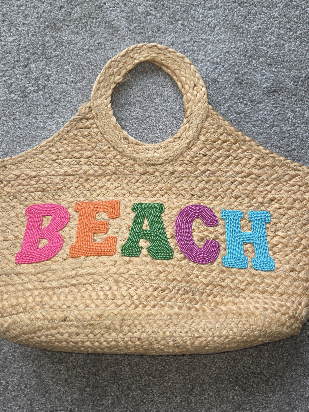Natural Straw Beach Tote with Colorful 'BEACH' Logo & Hat